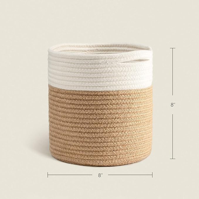 TIMEYARD Jute Rope Plant Basket Small Woven Storage Basket for Up to 7" Planter, 8" x 8" Decorative Plant Pot Cover Woven Planter Basket Laundry Basket with Handles Modern Home Décor