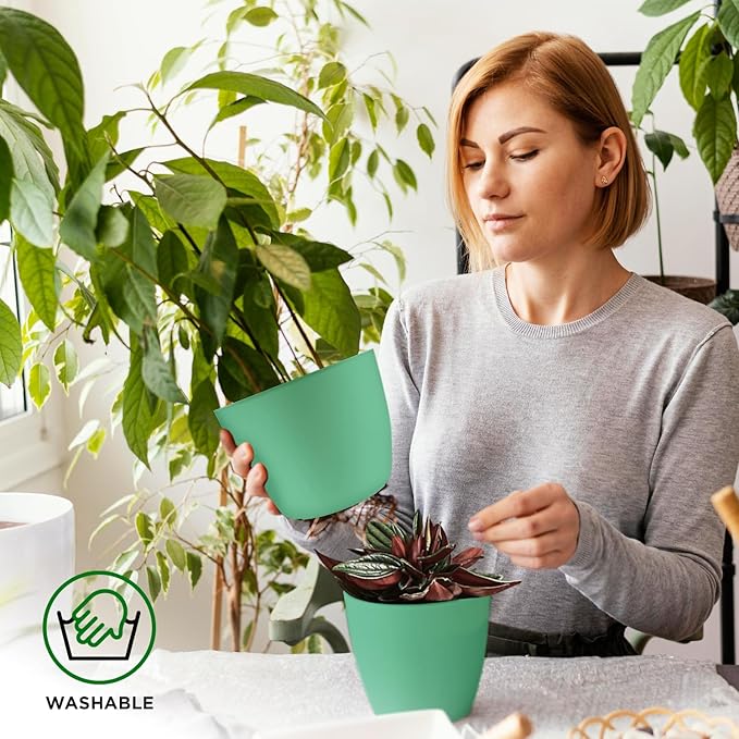 Planter Pots with Drainage Holes - Lightweight, Durable, & Space-Saving Pots for Indoor and Outdoor - Versatile Functionality, Simple Modern Design, Set of 5 Plastic Planter Pots Mint