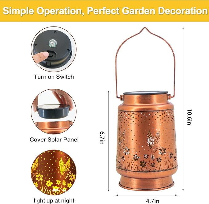 2 Pack Hummingbird Solar Lantern Lights Outdoor Decor, Hanging Metal Decorations Waterproof with LED Light, Landscape Lights for Garden Patio Yard Lawn Backyard Front Porch Gifts for Mom Grandma