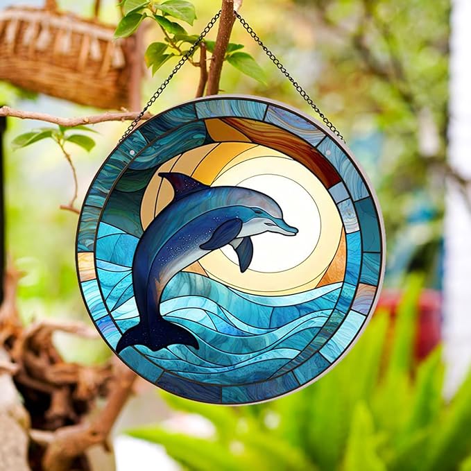 Dolphin Pattern Suncatcher Stained Glass,Hanging Stained Glass for Windows,20cm/7.87inch Hand-Painted Sun Catcher Garden Hangings Painted Glass Panel Decor Themed Gift