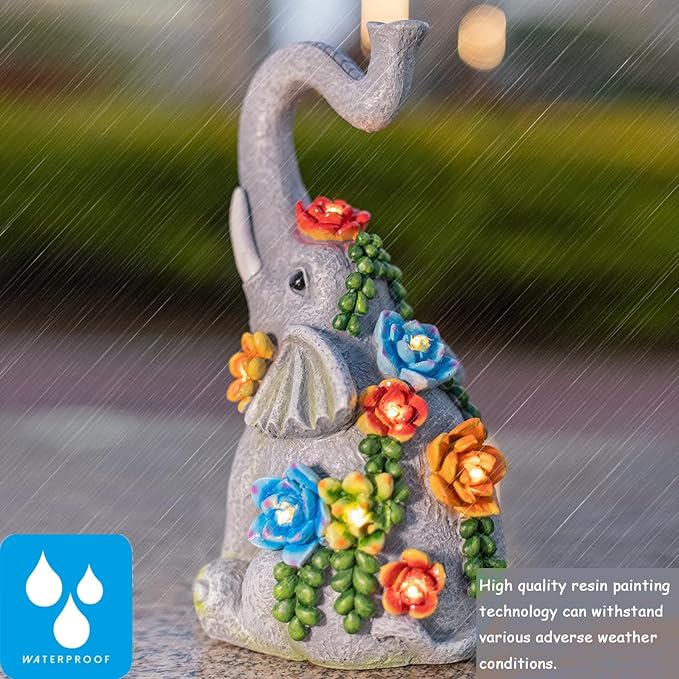 Elephant Garden Statue Solar Lamp with 8 Led Lights Decor Outdoor Resin Waterproof Sculpture Patio Lawn Yard Porch Decorations Housewarming Gifts for Women Mom Grandma