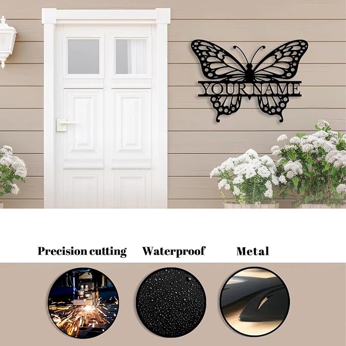 Custom Butterfly Metal Sign,Personalized Butterfly House Number Signs,Personalized Gardener Name Sign,Garden Patio Wall Decor (Style-1)