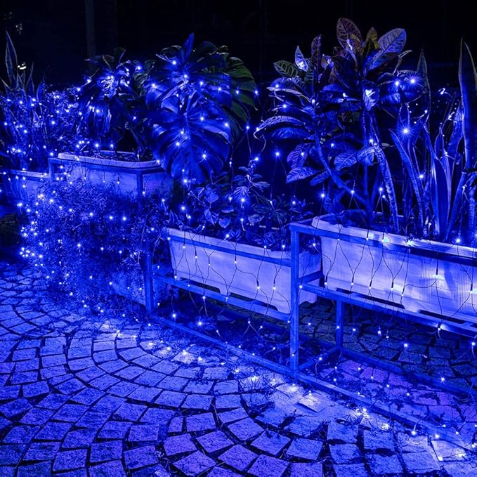 Lomotech 12ft x 5ft 360 LED Christmas Net Lights, 8 Modes Waterproof With Timer Low Voltage Connectable Mesh Lights for Trees, Bushes, Shurb, Garden, Outdoor Decoration(Green Wire, Blue)