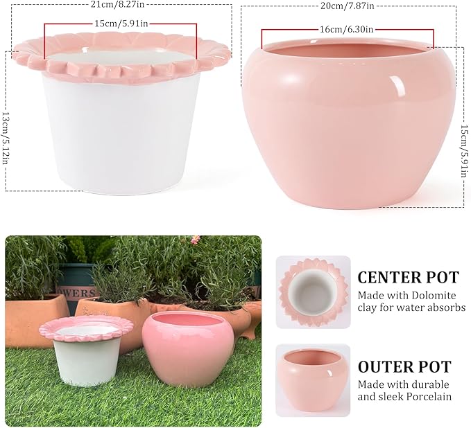 8in Pink Ceramic Pot Self Waterring Terracotta Planter Maintenance Plant Seeder Planting Flower Pot Design Self Watering Planter for Indoor Plants African Violet Planter Pot