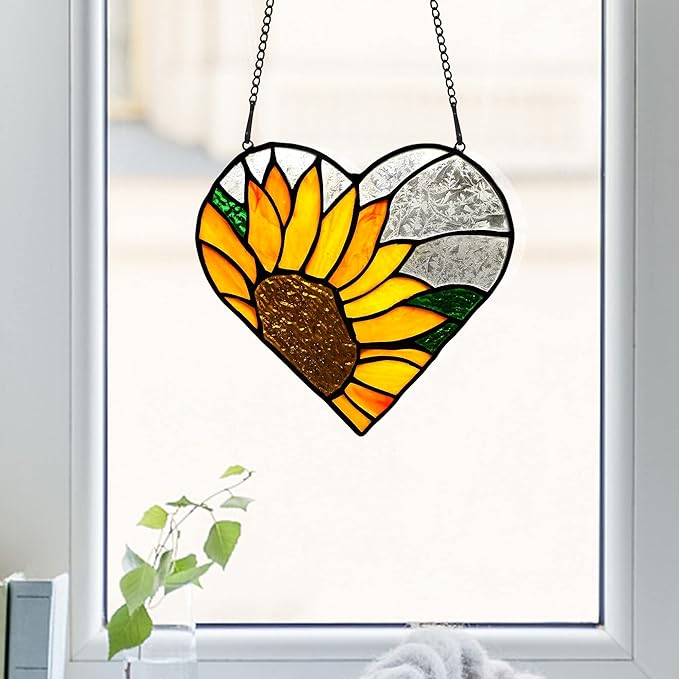 BOXCASA Sunflower Stained Glass Window Hangings,Sunflower Stained Glass Suncatcher,Heart Shape Sunflower Best Teacher Gifts for Women Birthday,Sunflower Decoration for Home Indoor Window