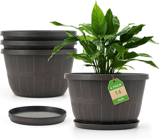 Quarut 14 Inch Plastic-Flower-Pot-for-Indoor-Plants, 4 Pack Large Outdoor Planter Pot with Drainage Holes & Saucers, Resin Decorative Garden Pots Planters(Brown)