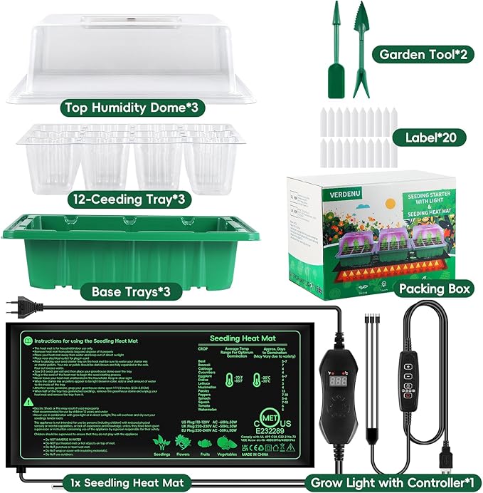 Verdenu Seed Starter Tray with Grow Lights and Temperature Control Heat Mat, 3 Pack 36-Cell Seedling Starter Kit with Humidity Dome, 3 Lighting Mode, Reusable Seed Germination Kit for Indoor Plant