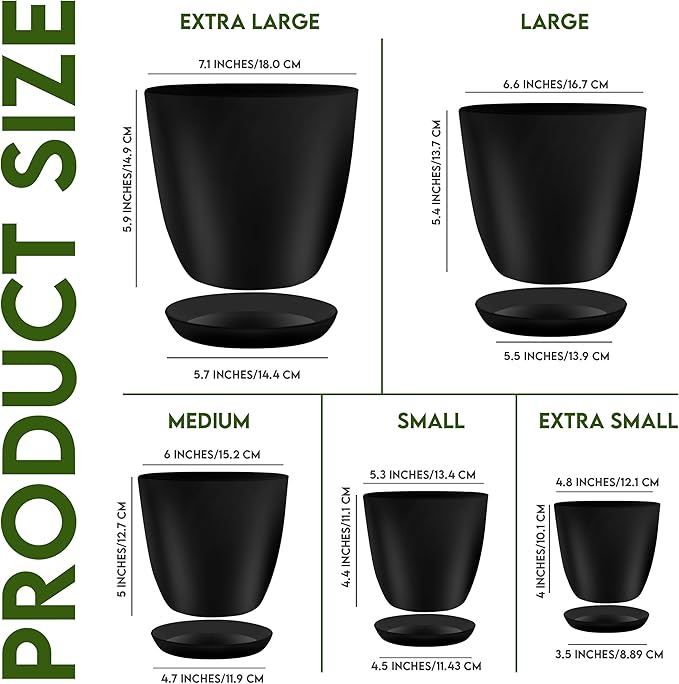 Utopia Home - Plant Pots Indoor with Drainage - 7/6.6/6/5.3/4.8 Inches Home Decor Flower Pots for Indoor Planter - Pack of 5 Plastic Planters for Indoor Plants, Cactus, Succulents Pot - Black