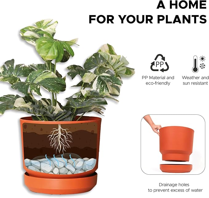 Elly Décor 12 inch Plastic Cylinder Planter Pot with Self-Watering Saucer and Drainage Hole,Lightweight & Extremely Durable, 12"x 12", Terracotta
