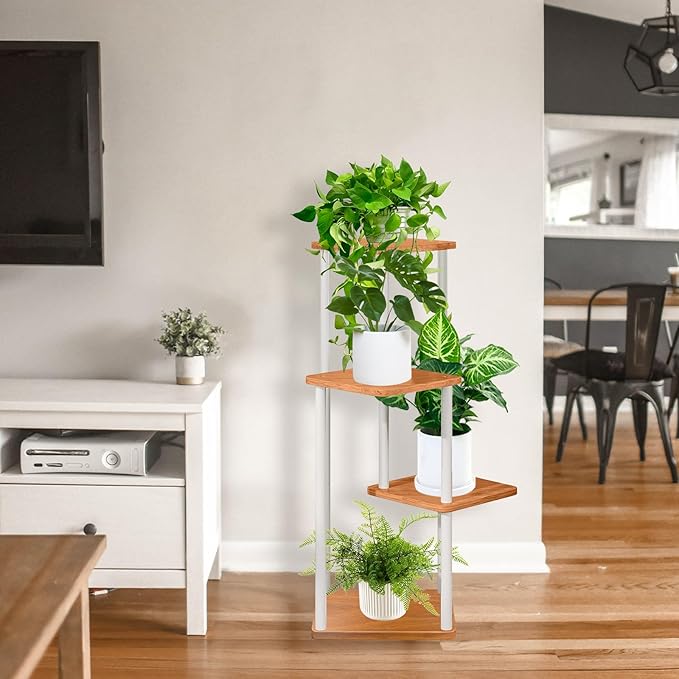 4 Tier Wood Tall Plant Stand Metal Rack Indoor, Multiple Flower Pot Holder Shelves Corner Rack, Planter Shelf Display Rack Storage Organizer for Patio Living Room Balcony Garden(White)