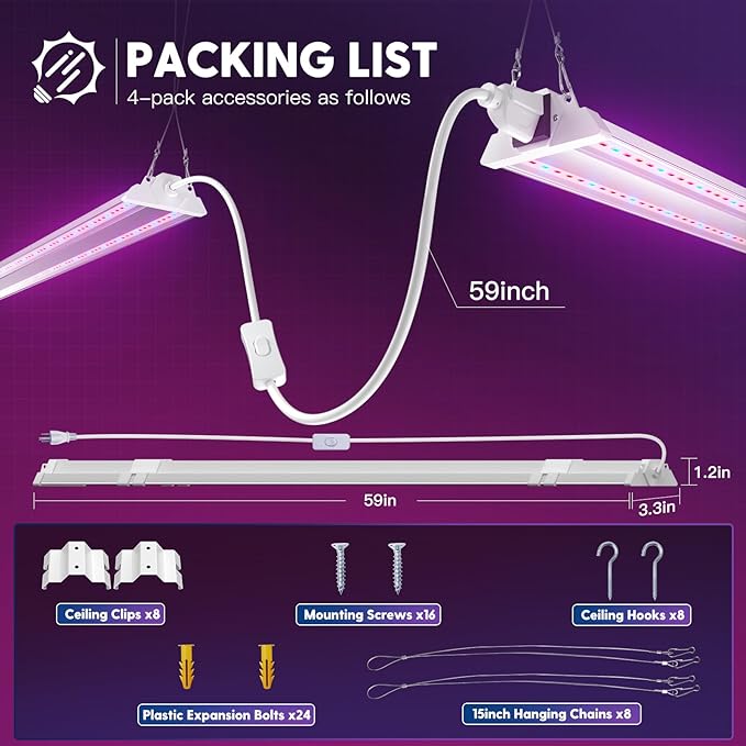 FREELICHT 4 Pack 4ft LED Grow Light, 60W (350W Equivalent), Red Blue (660nm+460nm) Full Spectrum Grow Light for Indoor Plants, Hanging Plug in Grow Lamp for Hydroponic Greenhouse Plants Seedling Veg