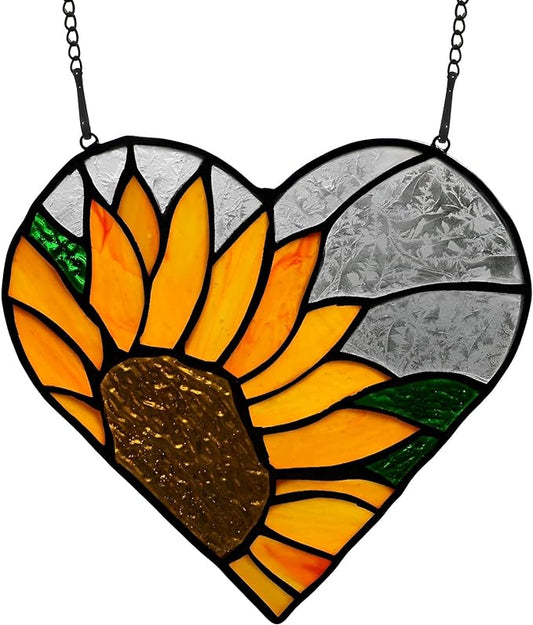 BOXCASA Sunflower Stained Glass Window Hangings,Sunflower Stained Glass Suncatcher,Heart Shape Sunflower Best Teacher Gifts for Women Birthday,Sunflower Decoration for Home Indoor Window