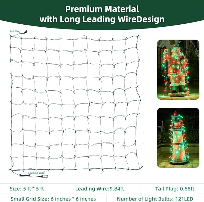 Led Net Lights Christmas Lights Outdoor Red and Green Christmas Net Lighting with 121Led Mini Globe Lights 5ftx5ft, Outdoor Indoor Fairy Mesh Net Lights for Christmas Tree, Bushes, Shrubs Decorations