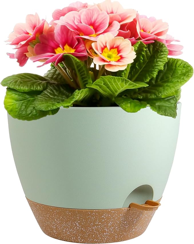 12 inch Large Self Watering Pots, Plant Pots with Mesh Drainage Holes for Indoor Outdoor Plants, Plastic Planters with Deep Reservoir for Garden House Flower Plants, Green with Brown