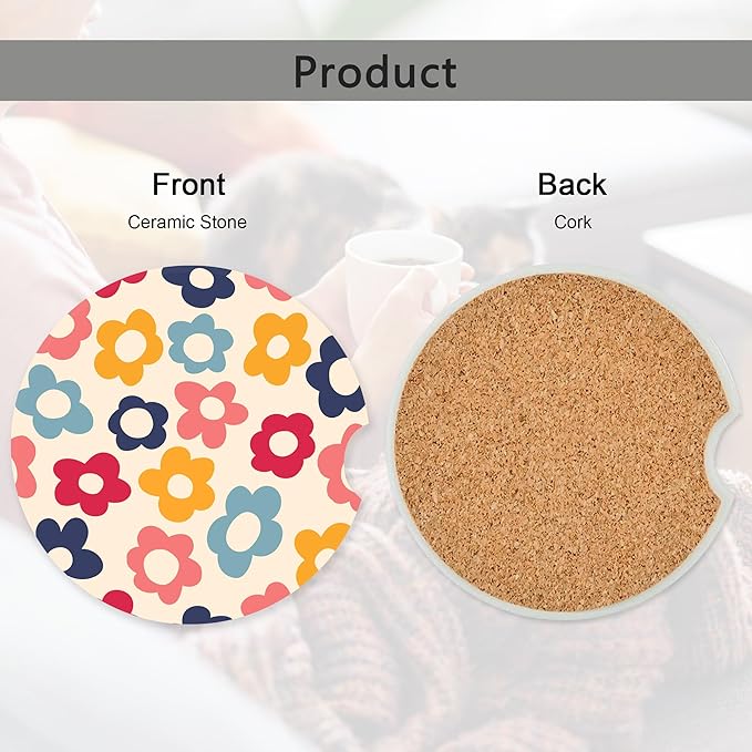 Vintage Groovy Rainbow Flowers Pink Car Coasters,Ceramic Absorbent Cup Holders with Finger Notch & Cork Base Car Assecories for Women/Men 2.6"(2 Pieces)