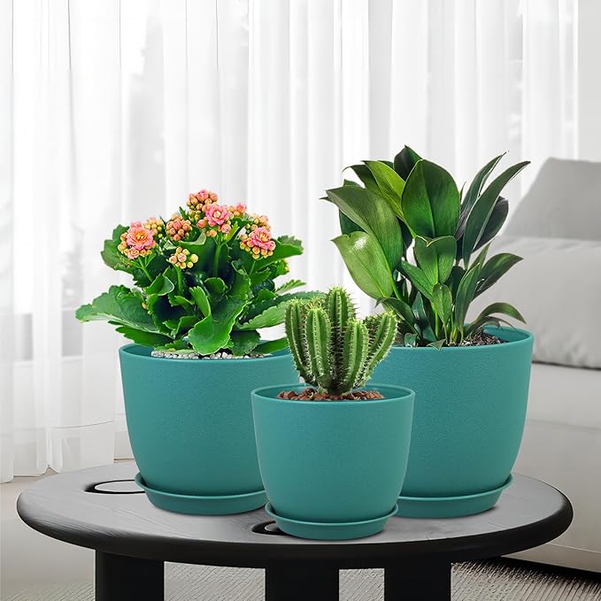 Large Flower Pots 12/10/9 inch, Set of 3 Modern Decorative Plastic Planters with Drainage Holes and Saucers for House Plants, Plant Pots for Indoor Outdoor Plants, Blue Green