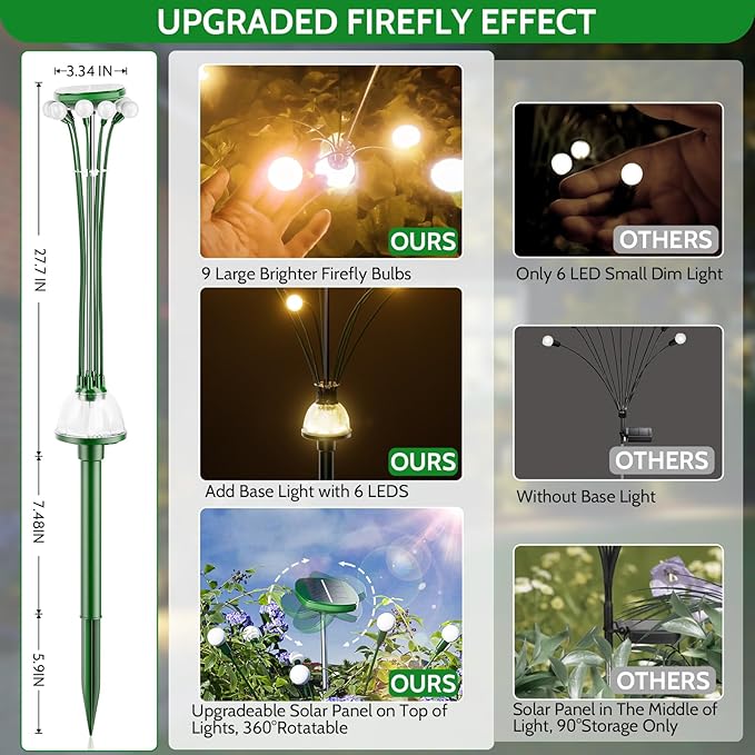 4 Pack High Bright Solar Garden Lights Outdoor, 36 LED Solar Firefly Lights Fairy Swaying Lights by Wind for Outside, IP67 Waterproof, Pathway Lights for Patio Garden Yard Walkway Sidewalk, Green