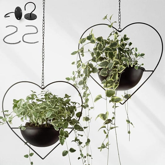 Hajia 2 Pack Heart Shaped Hanging Plant Holder with 7.5inch Detachable Pot, Black Metal Modern Hanging Planter for Indoor Outdoor, Minimalist Wall Ceiling Plant Hanger for Home Wedding Decor