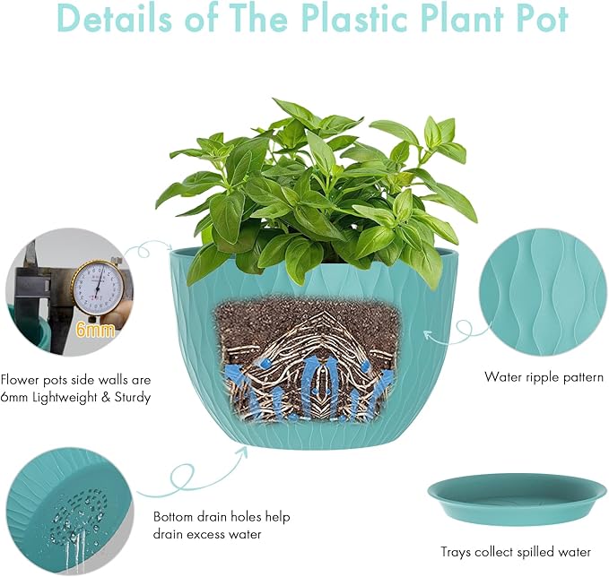 12 Inch Large Plant Pots for Indoor or Outdoor Plants, Wide Water Ripples Flower Pots with Drainage Holes & Saucer, Plastic Planters Set for Garden & Home Decor (Blue Green)