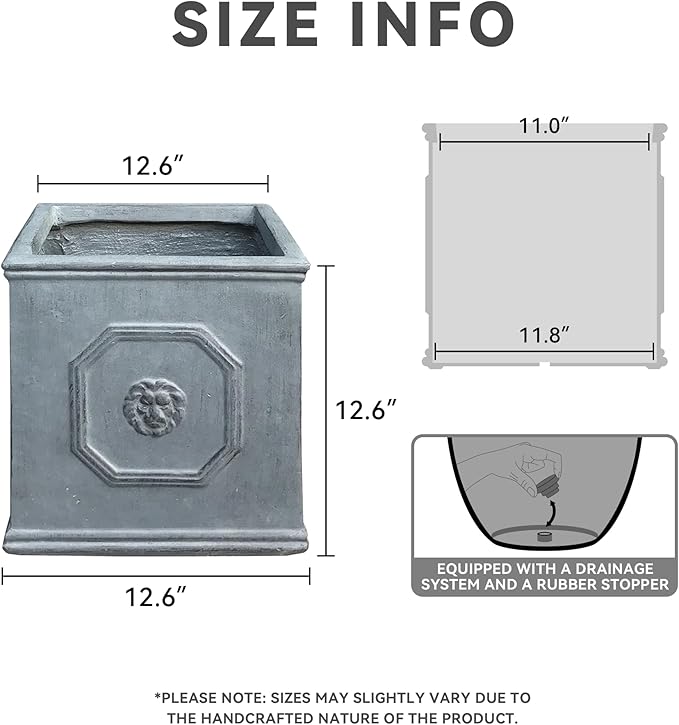 Kante Square Lion Head Concrete Planter, Classic English Style Plant Pot with Drainage Hole and Rubber Plug for Indoor Outdoor Garden Patio Home, 12.6"x12.6"x12.6" Antique Gray