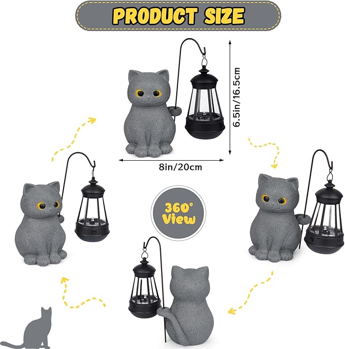Solar Garden Statue Cat Figurine, Grey Cat Outdoor Statue Garden Decor with LED Light for Yard Patio Lawn Balcony Ornament, Home Decor Housewarming Gifts for Mom Grandma Dad