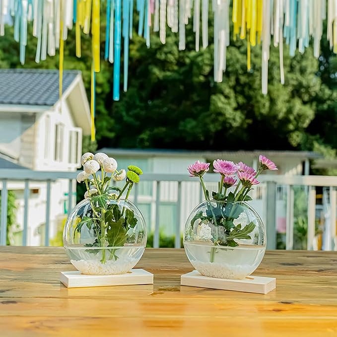 Kingbuy Desktop Round Glass Planter Terrarium Flower Vase with Wooden Stand for Propagation Hydroponic Water Plants Home Office Decor, 2 Pack, Beige