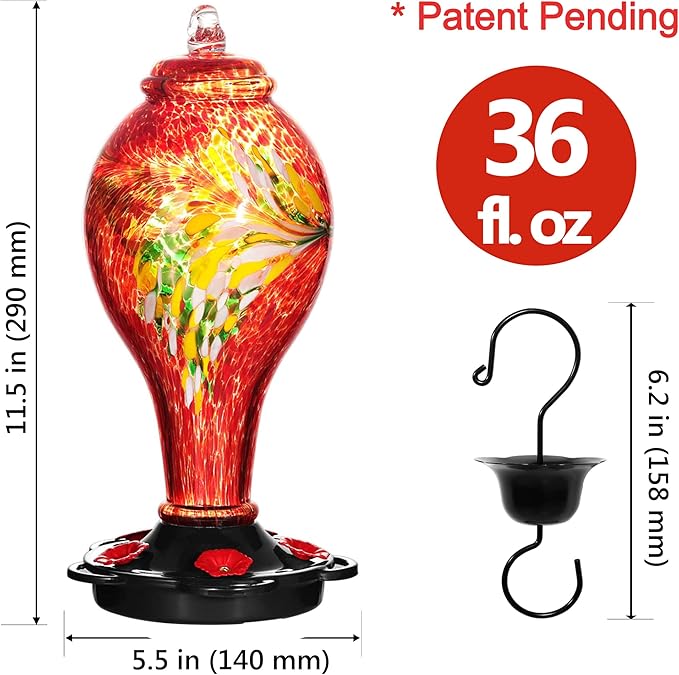 LUJII Hummingbird Feeders for Outdoors, Hand Blown Glass, Never Fade, 36 Fluid Ounces, 5 Feeding Stations, Much Bigger, Garden Backyard Decorative, Containing Ant Moat (Red)