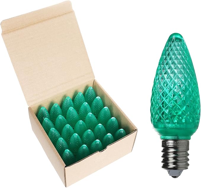 UL Listed Set of 25 C9 Green LED Christmas Lights Replacement Bulbs, Dimmable High Brightness Waterproof Christmas Replacement Bulbs for Outdoor Holiday Decoration