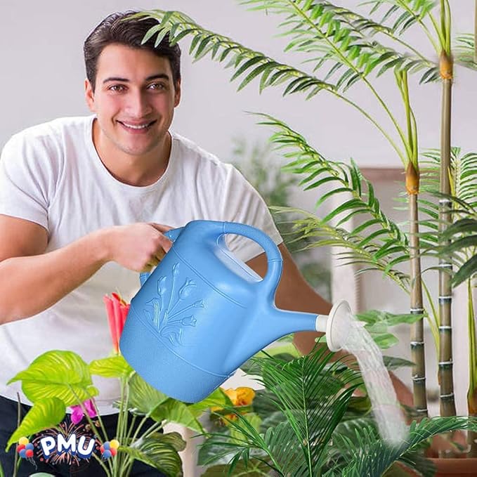 PMU 2 Gallon Watering Can - Garden Watering Can for Indoor & Outdoor Plants - Plastic Water Can with Detachable Sprinkler Head - Large Water Pot, Made in USA - Blue Pkg/3