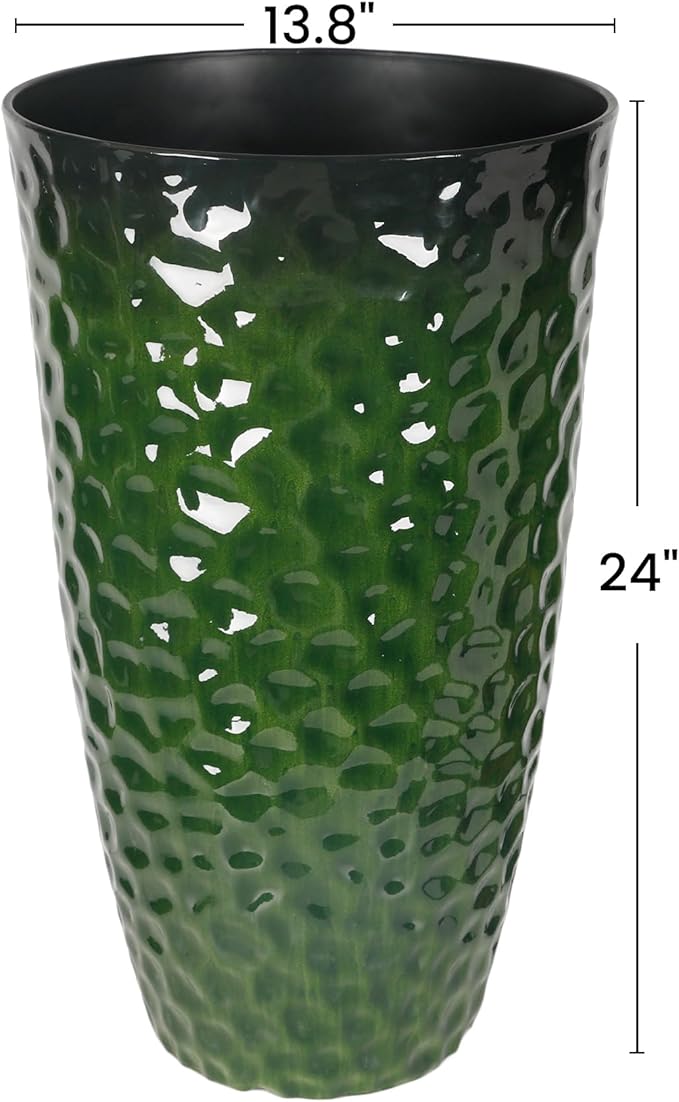 Worth Garden 14" Dia x 24" H Large Plastic Planters with Drainage Hole, Set of 2 Hammered Texture Green Glossy Smooth Finish, Tall Round Decorative Flower Plant Pot for Indoor Outdoor, Front Porch