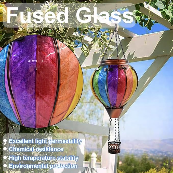 2PC Hot Air Balloon Solar Lantern with 2PC Shepherd Hook, Flickering Flame Hanging Solar Lanterns Outdoor Lights Waterproof Lanterns Decorative Garden Patio Yard Party Decor Colorful