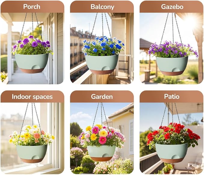 12 Inch Hanging Baskets for Plants Outdoor, Hanging Planters for Indoor Outdoor Plants, Hanging Planter with Self Watering, Hanging Flower Pots (Green)