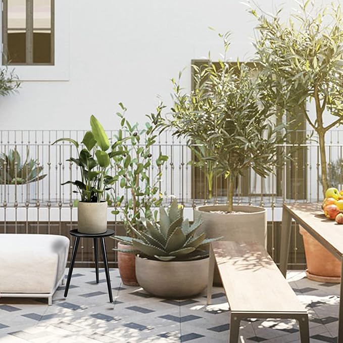 Indoor Plant Stand - Uneedem Wood Mid Century Plant Stand for Indoor Plants, Modern Plant Table,Tall Plant Holder for Flower Pots, Small Round Side Table, End Table (B2-Black,High: 16.5")