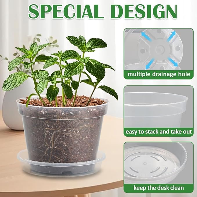 12 Pack 7 Inch Clear Nursery Pots with Saucer, Transparent Plastic Plant Pots with Drainage Holes, Sturdy Plant Starter Pots, Garden Planter Pot for Planting Succulents Flowers Herb Vegetables