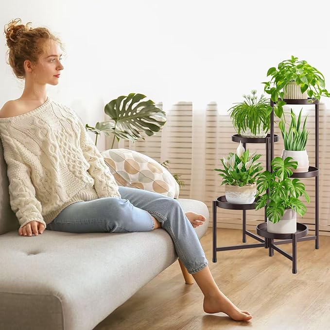 iDavosic.ly 5 Tier Large Plant Stand Indoor, 10 Inch Wide Tall Corner Metal Plant Stands Outdoor for Multiple Plants, Folding Tiered Flower Display Holder Rack Shelf, Violet Bronze