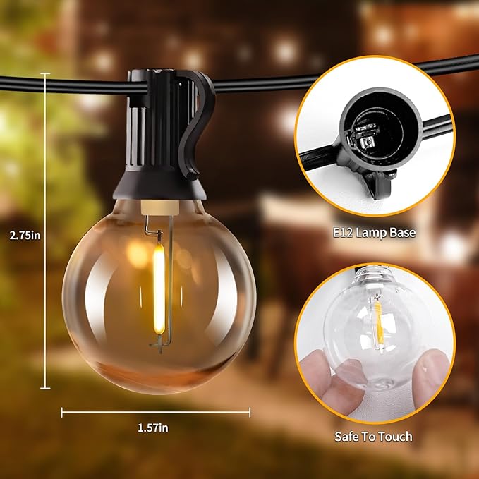 50ft Solar String Lights with Remote, 25+1 LED Bulbs Patio Lights Outdoor Waterproof, G40 Dimmable Deck Lights for Outside Garden Fence Backyard Decor