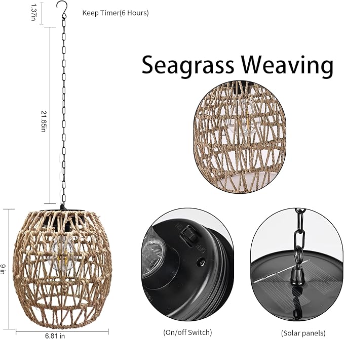 Outdoor Solar Hanging Lantern, Natural Seeweed Rattan Bamboo Woven Porch Patio Gazebo Pendent Chandelier Light Decorative Solar Powered Hanging Lamp for Front Door Garden