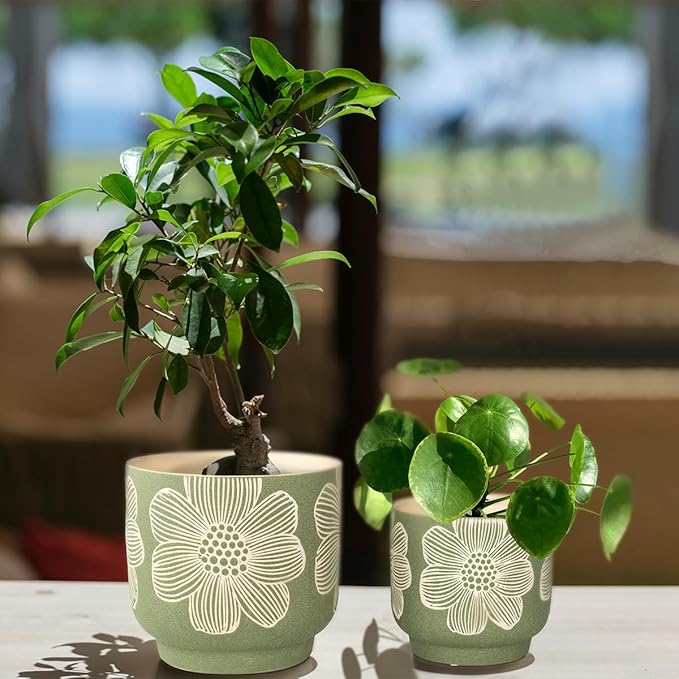 YBX 8 Inch + 6 Inch White Flower Pattern Plant Pots, Sand Glazed Ceramic Planter with Drainage Hole, Flower Pots for Indoor Plants, Green