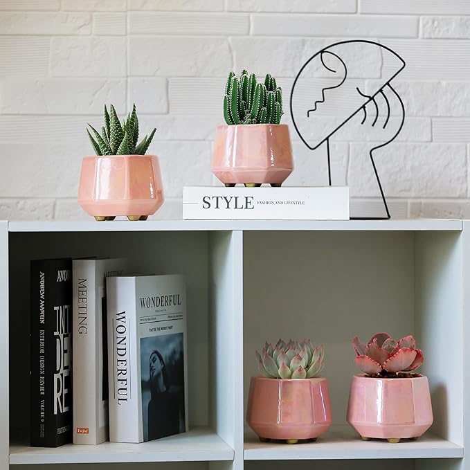 4 Inch Succulent Planter Ceramic Pot for Indoor Plants - Flower Pots with Drainage Hole - Set of 4