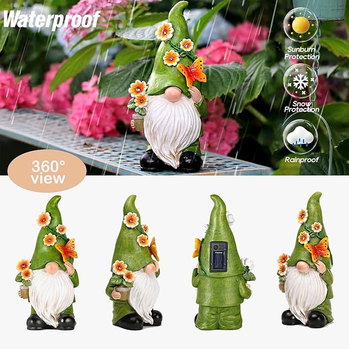 Garden Gnomes Statue Outdoor Decor,10.5" Resin Solar Garden Gnome Outdoor Statues, Funny Gnomes Gardening Gifts for Women,Bithday Gifts for Grandma