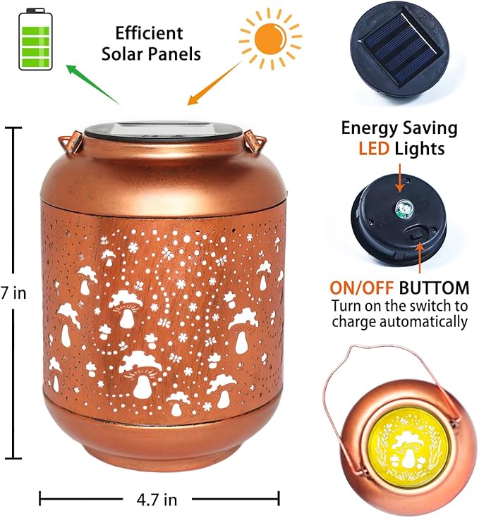 2 Pack Mushroom Solar Lanterns Outdoor Waterproof Hanging Solar Lights Mushroom Gifts for Women Men Mom Metal Decorative LED Outdoor Lanterns for Patio,Lawn, Landscape, Garden Decor, Yard Decoration