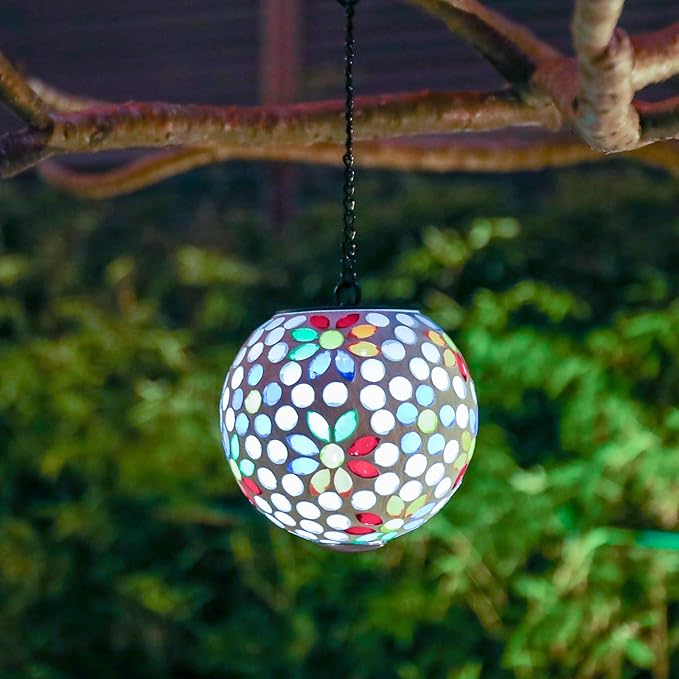 VCUTEKA Solar Chandelier Outdoor, Hanging Mosaic SolarLights with Hook Up, Solar Garden Lantern Decor for Yard, Deck and Patio, White