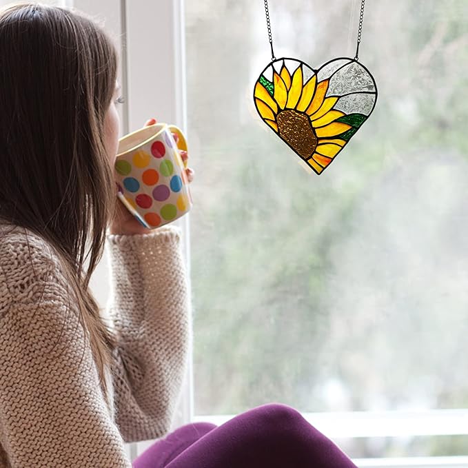 BOXCASA Sunflower Stained Glass Window Hangings,Sunflower Stained Glass Suncatcher,Heart Shape Sunflower Best Teacher Gifts for Women Birthday,Sunflower Decoration for Home Indoor Window