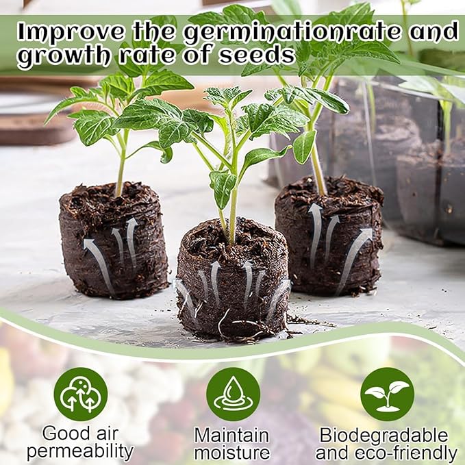 100pcs 50mm Peat Pellet, Plant Starting Plugs, Compressed Garden Soil Block with Labels, Plant Pods Bulk for Seedling Transplanting Herb Flower Vegetables