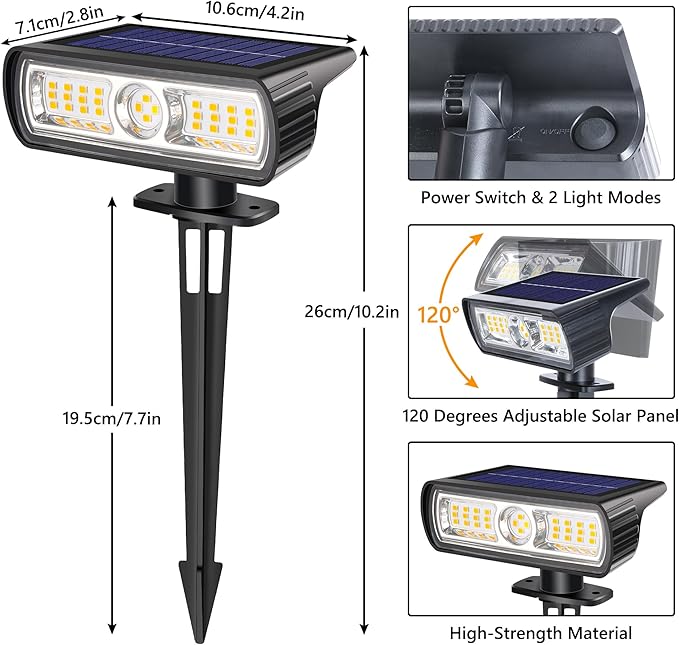 Toodour Solar Spot Light Outdoor, 2 Pack Solar Lights Outdoor with 2 Modes, Waterproof Solar Powered Flood Lights Landscape Lighting for Yard Garden Home Pathway Walkway Outdoor Decor - Warm White