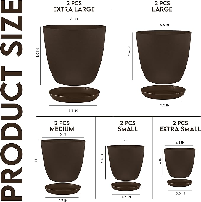 Utopia Home - Plant Pots Indoor with Drainage - 7/6.6/6/5.3/4.8 Inches Home Decor Flower Pots for Indoor Planter - Pack of 40 Plastic Planters for Indoor Plants, Cactus, Succulents Pot - Brown