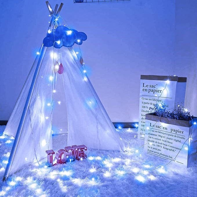 100 LED Christmas Lights Outdoor - 33ft Christmas String Lights 8 Modes Plug in Waterproof Twinkle Fairy Lights with Timer Memory for Indoor Outside Bedroom Home Party Decoration, Blue&White