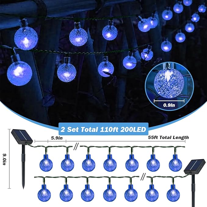Solar Lights Outdoor Waterproof, 2 Pack Total 200LED 110FT Solar String Lights for Outside w/ 8 Modes, Outdoor String Lights Crystal Globe Patio Lights for Garden Yard Party Decor(Blue)