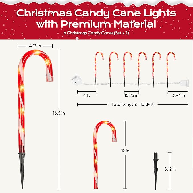 Christmas Candy Cane Lights 12Pcs Christmas Pathway Lights with 72 Count Incandescent Clear Lights, Connectable 12 Inch Pathway Makers Lights for Indoor Outdoor Walkway Patio Yard Lawn Decorations