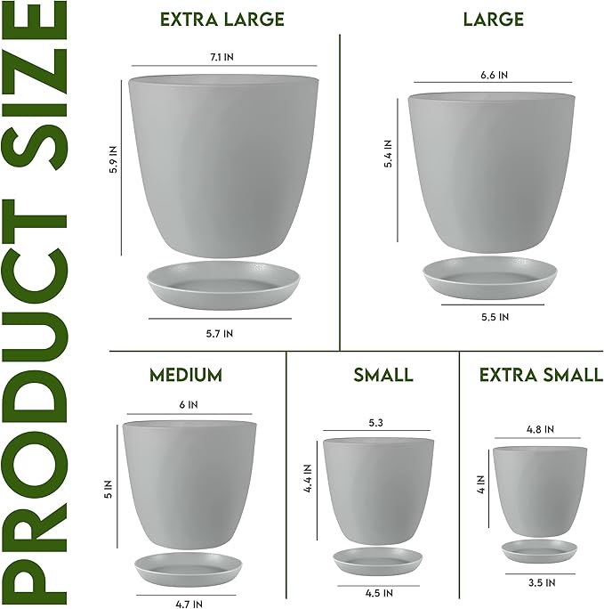 Utopia Home - Plant Pots Indoor with Drainage - 7/6.6/6/5.3/4.8 Inches Home Decor Flower Pots for Indoor Planter - Pack of 5 Plastic Planters for Indoor Plants, Cactus, Succulents Pot - Gray